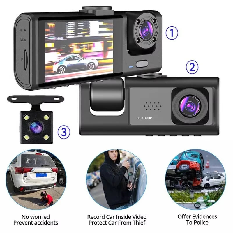 EZ 1080P Triple Camera Dash Cam with IR Night Vision & 2" IPS Screen