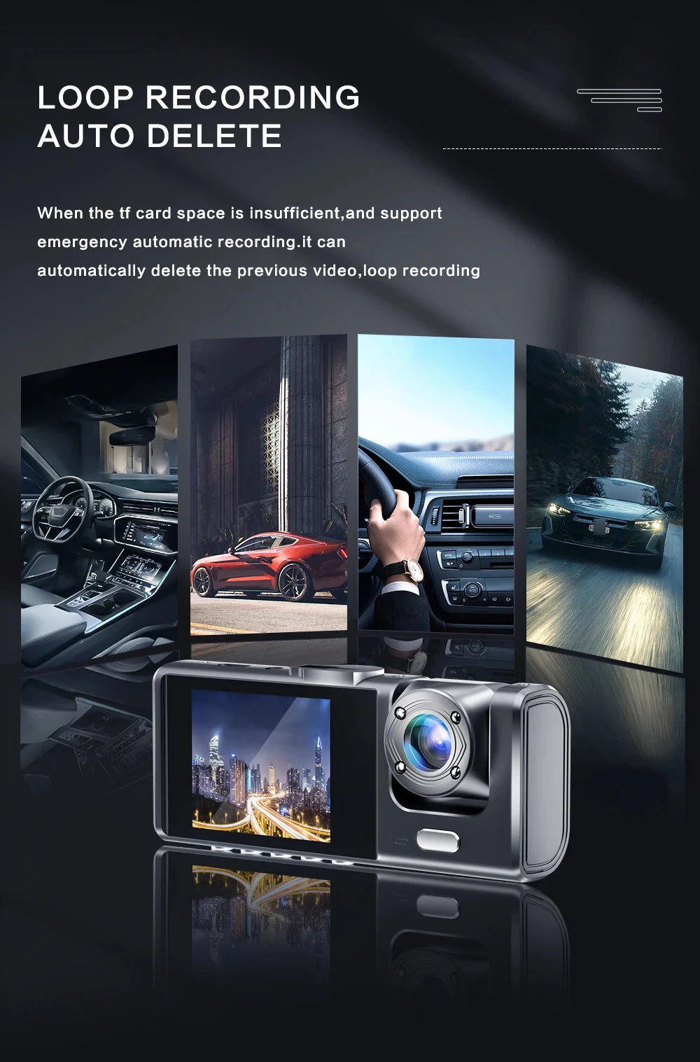 EZ 1080P Triple Camera Dash Cam with IR Night Vision & 2" IPS Screen