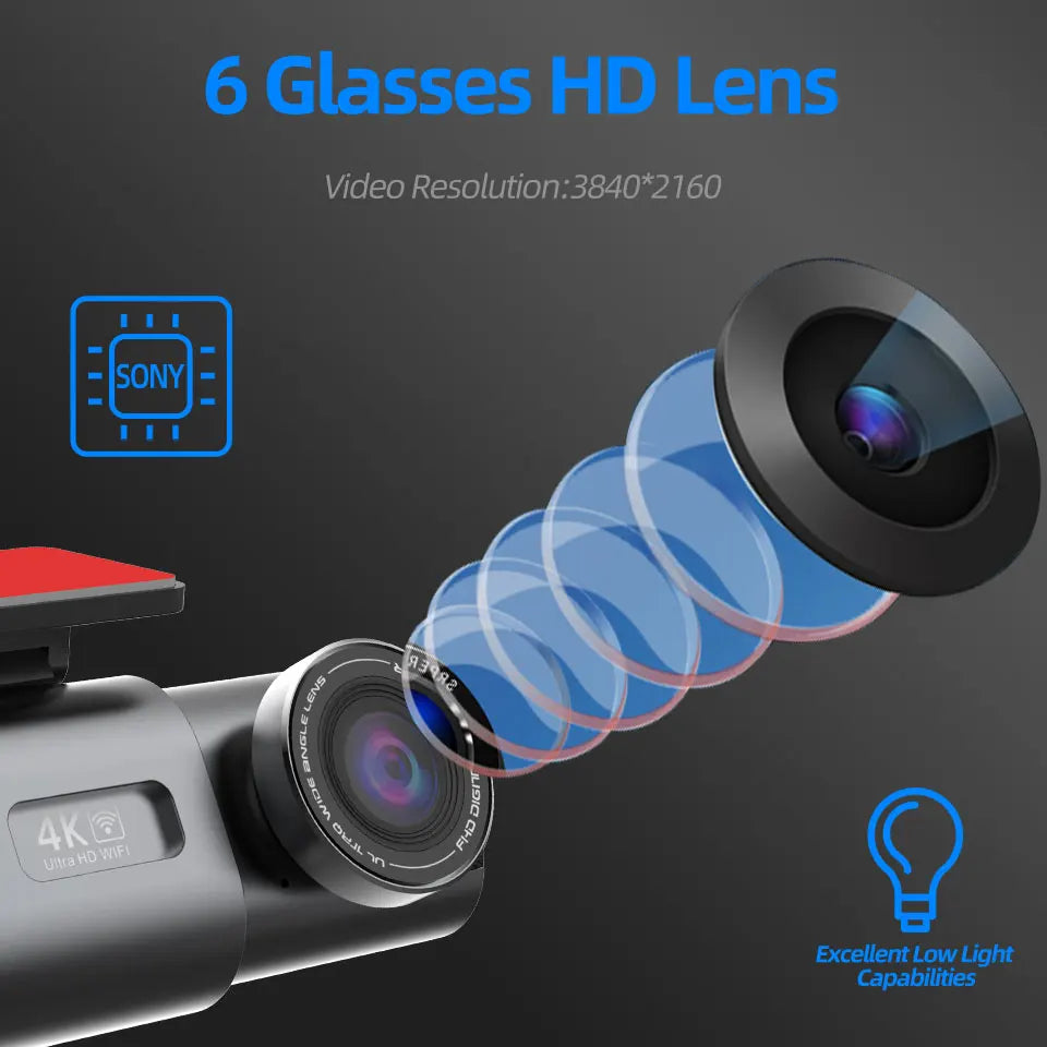 EZ 4k ULTRA HD Dual Lens Dash Cam with Wi-Fi, GPS & Night Vision