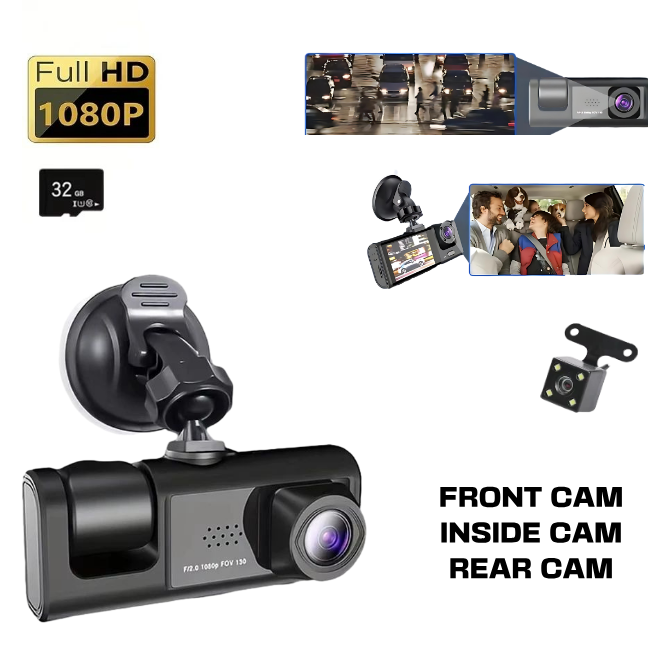 EZ 1080P Triple Camera Dash Cam with IR Night Vision & 2" IPS Screen