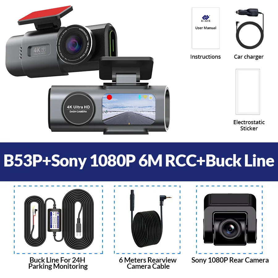 EZ 4k ULTRA HD Dual Lens Dash Cam with Wi-Fi, GPS & Night Vision