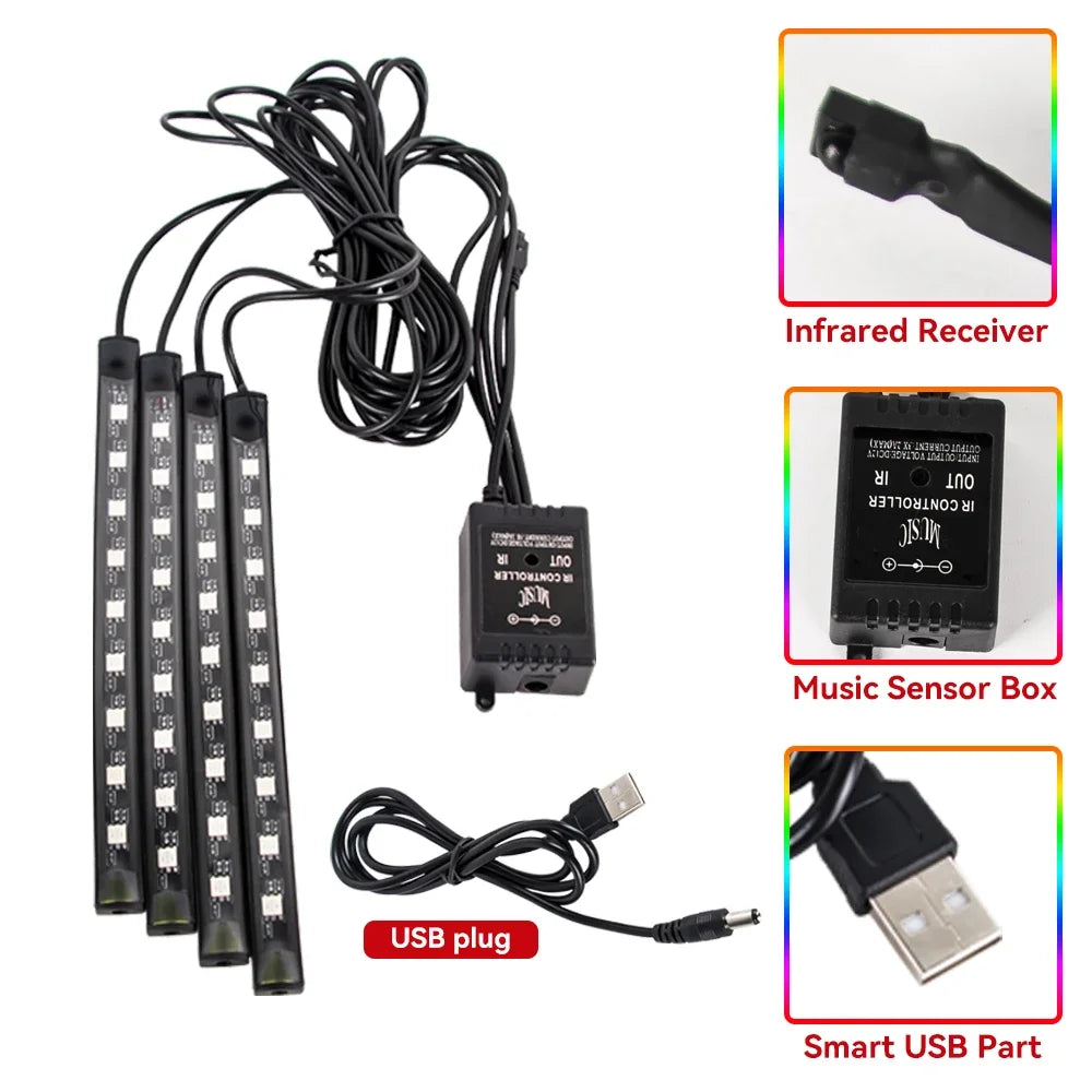 EZ Glow Car Ambient Lights – 36/48/72 LED Footwell Kit with USB and Music App Control