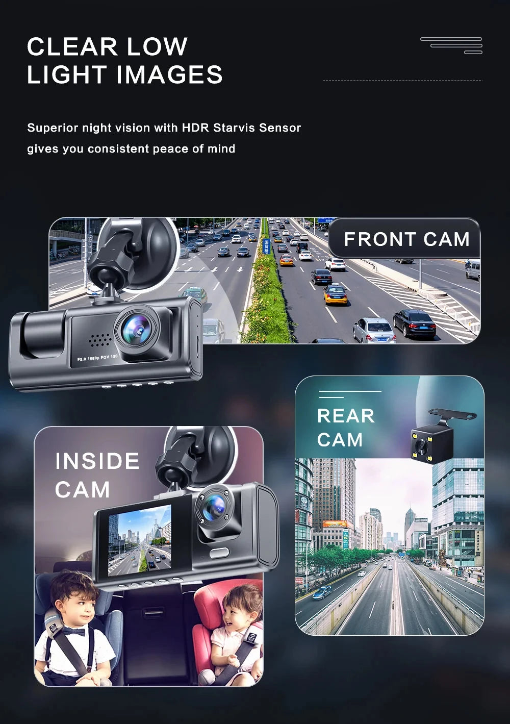EZ 1080P Triple Camera Dash Cam with IR Night Vision & 2" IPS Screen