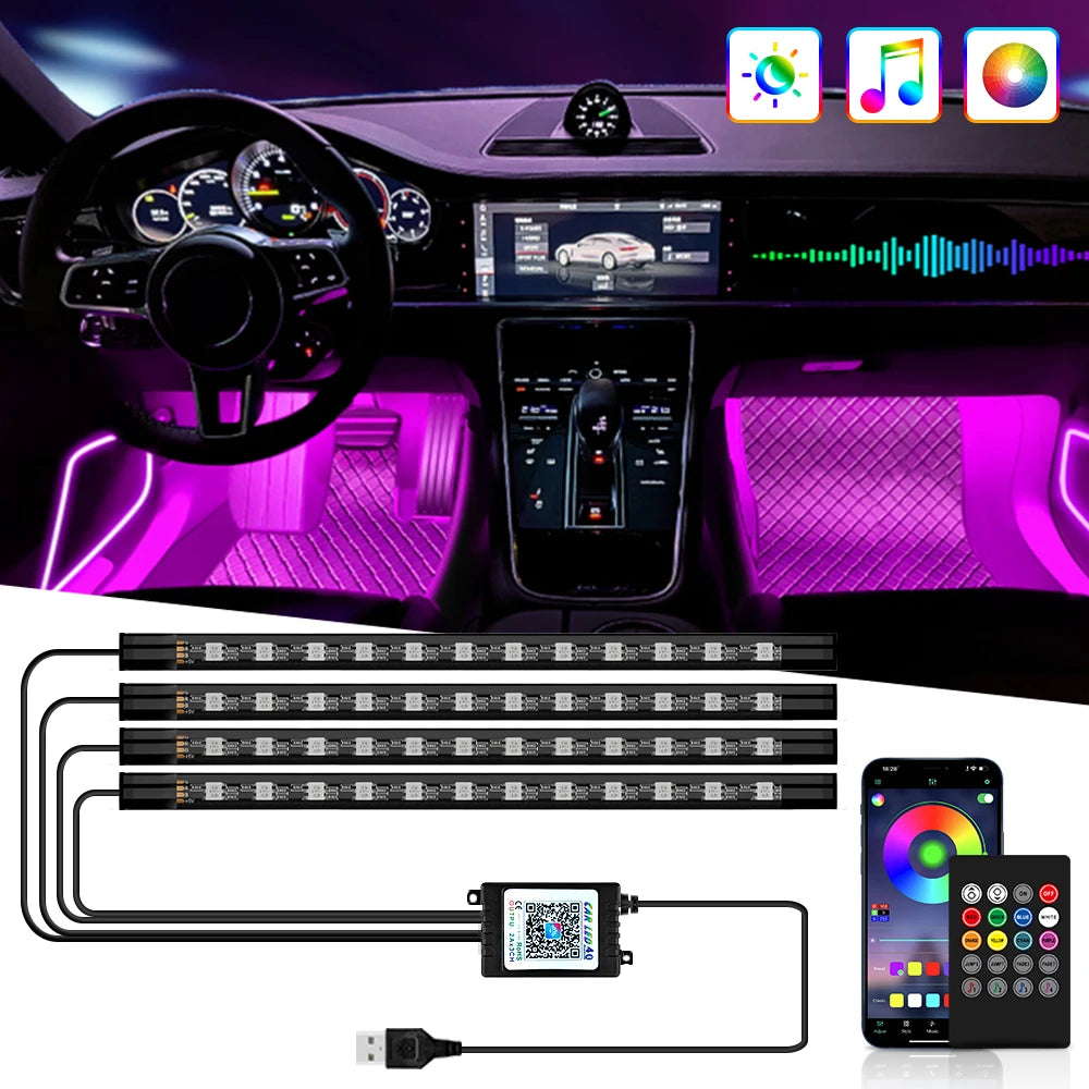 EZ Glow Car Ambient Lights – 36/48/72 LED Footwell Kit with USB and Music App Control