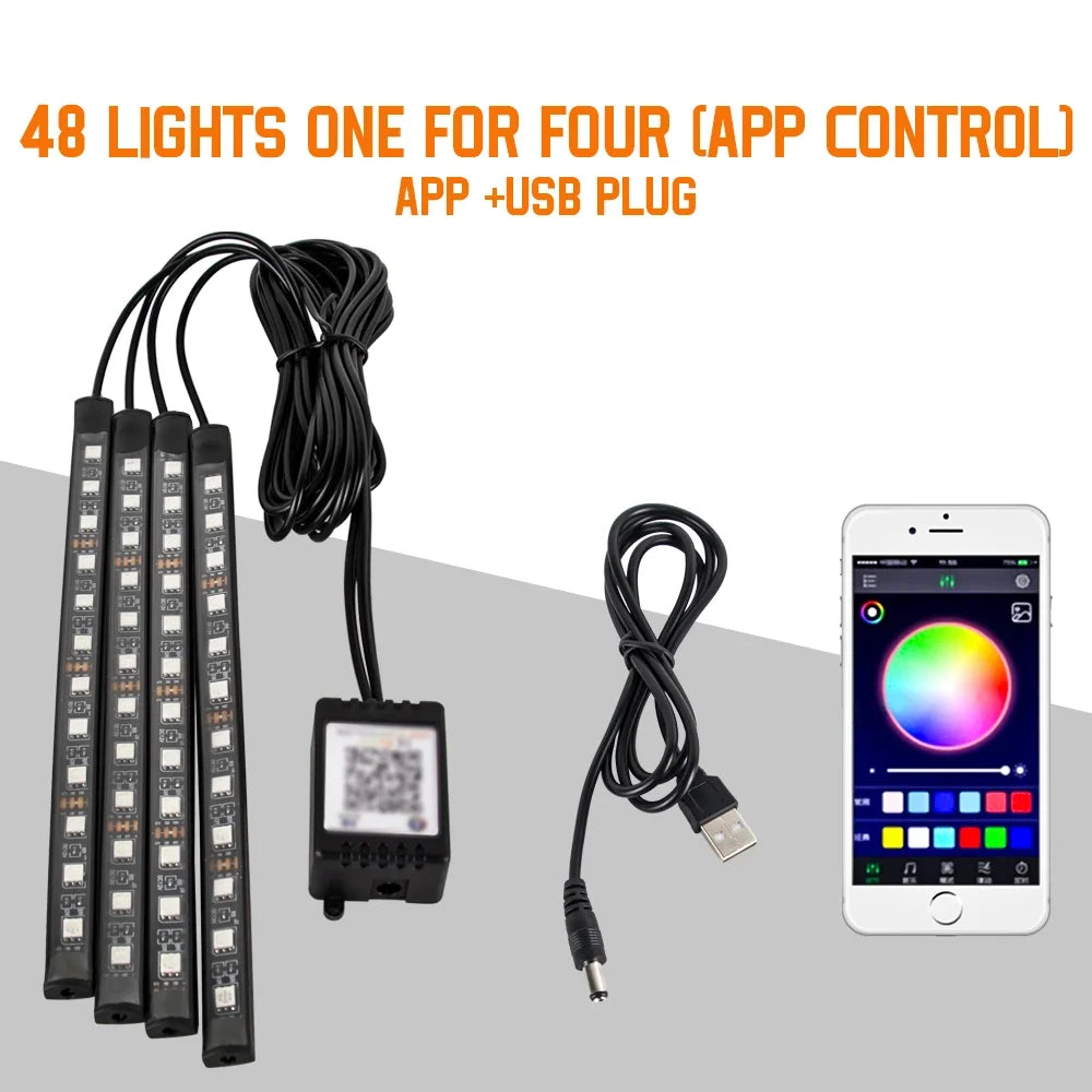 EZ Glow Car Ambient Lights – 36/48/72 LED Footwell Kit with USB and Music App Control