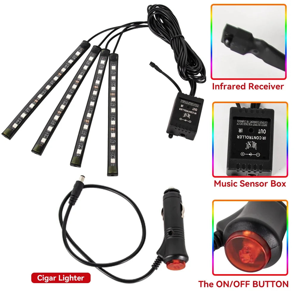 EZ Glow Car Ambient Lights – 36/48/72 LED Footwell Kit with USB and Music App Control