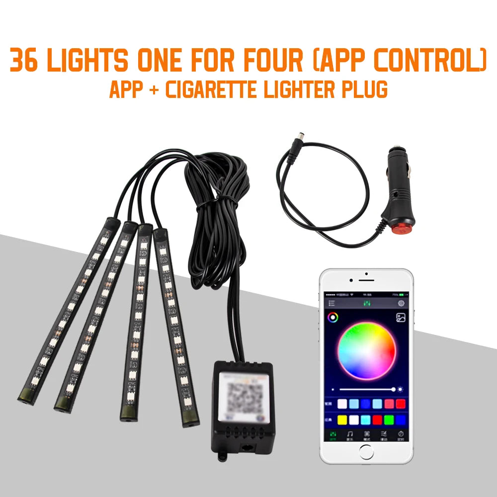 EZ Glow Car Ambient Lights – 36/48/72 LED Footwell Kit with USB and Music App Control