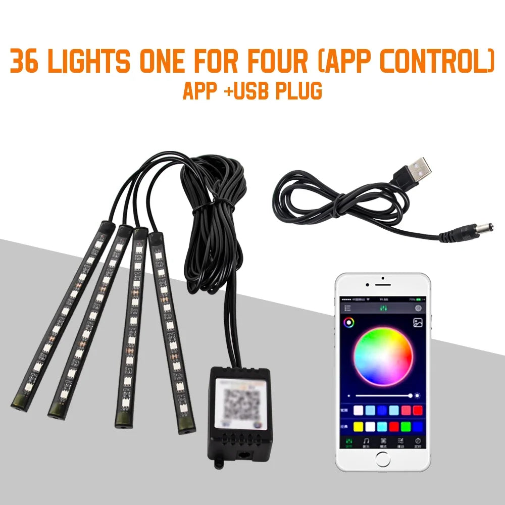 EZ Glow Car Ambient Lights – 36/48/72 LED Footwell Kit with USB and Music App Control