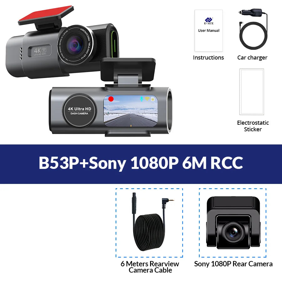 EZ 4k ULTRA HD Dual Lens Dash Cam with Wi-Fi, GPS & Night Vision