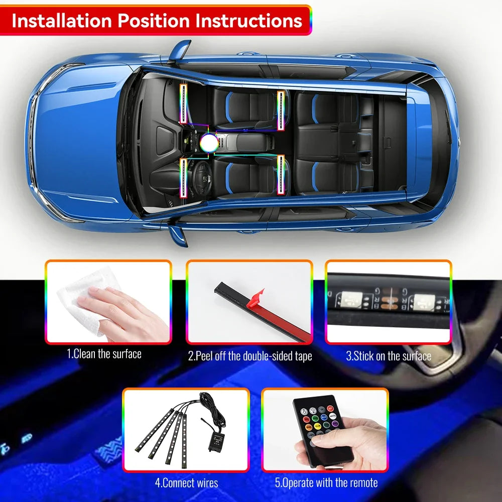 EZ Glow Car Ambient Lights – 36/48/72 LED Footwell Kit with USB and Music App Control