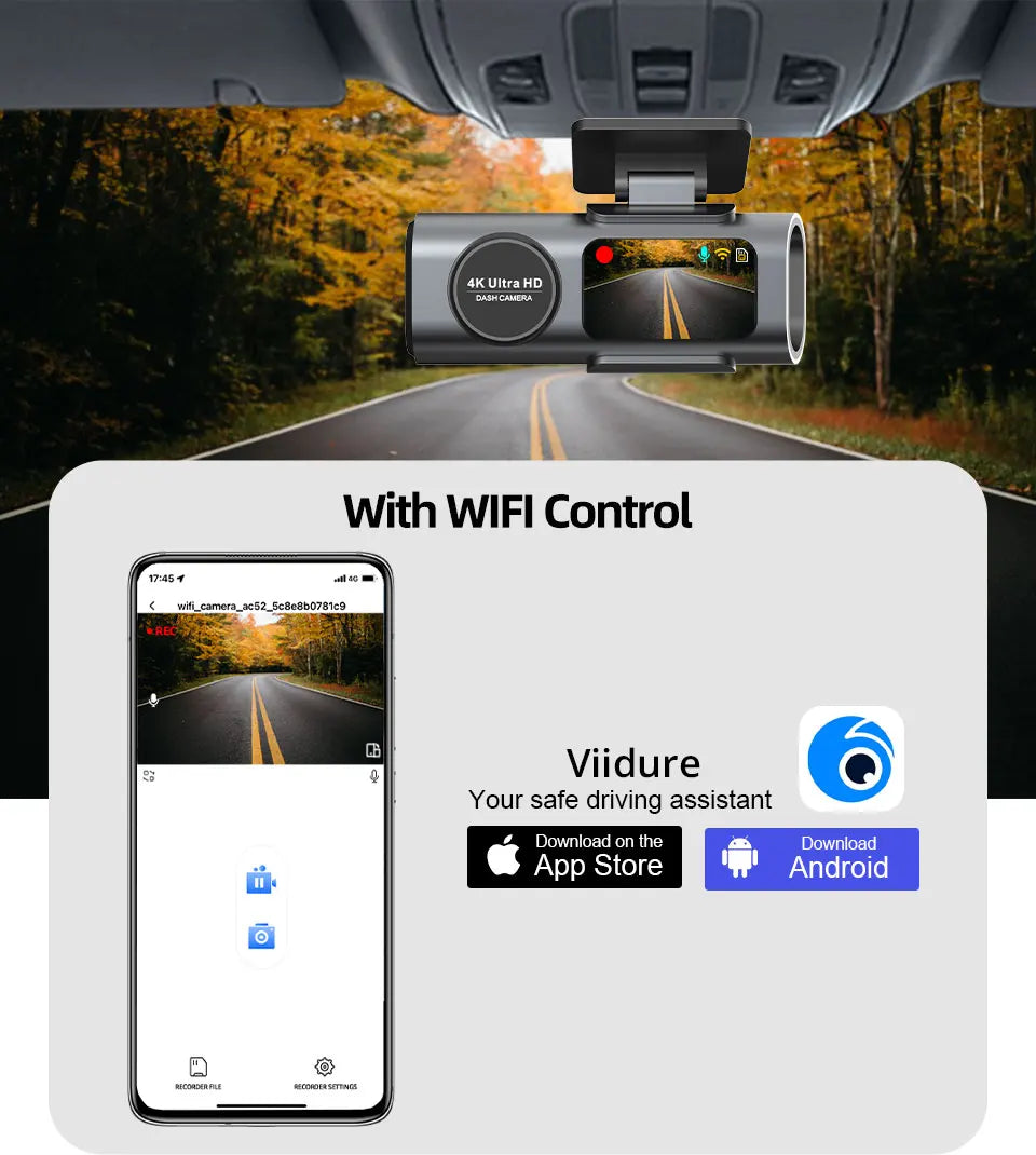 EZ 4k ULTRA HD Dual Lens Dash Cam with Wi-Fi, GPS & Night Vision