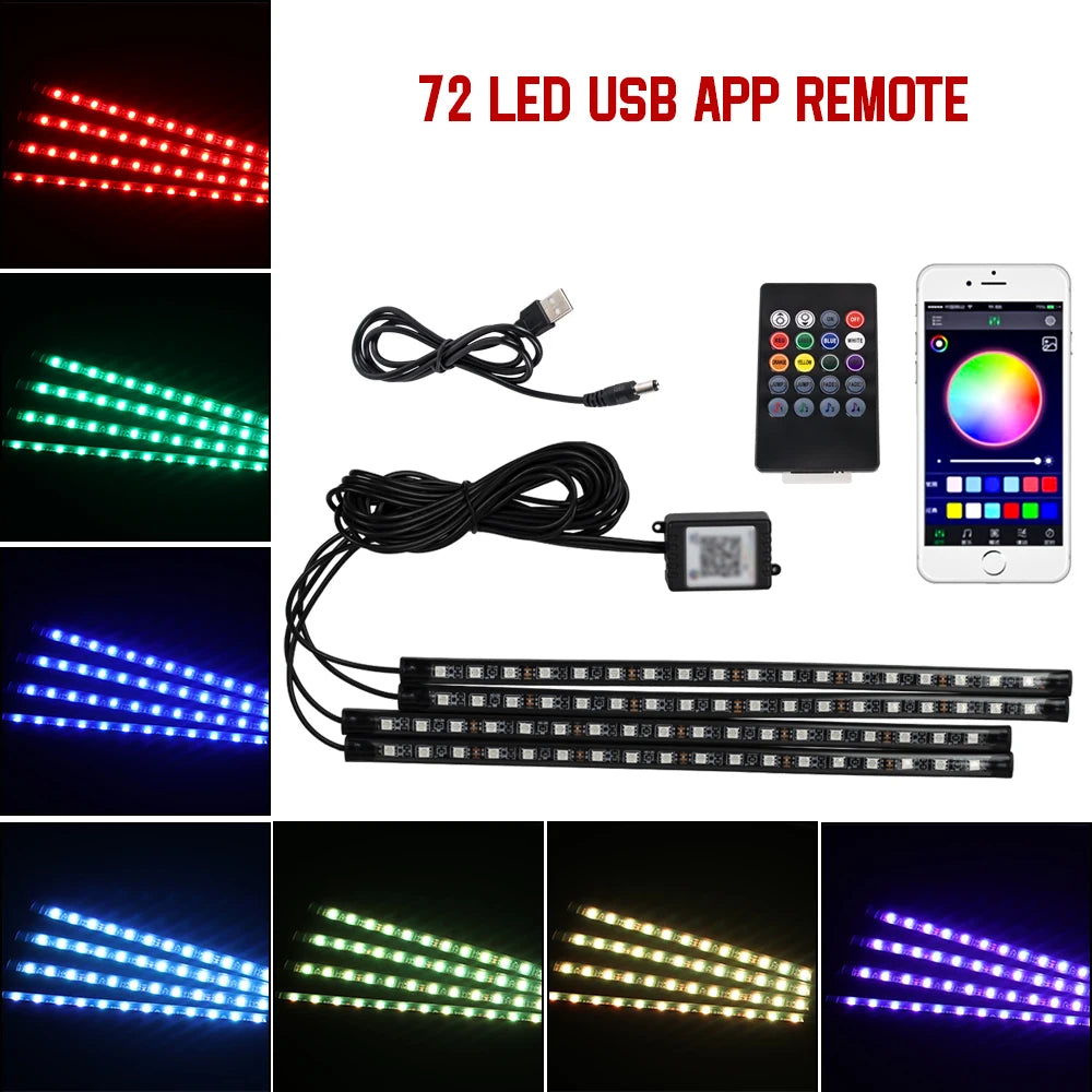 EZ Glow Car Ambient Lights – 36/48/72 LED Footwell Kit with USB and Music App Control