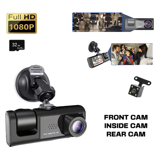 EZ 1080P Triple Camera Dash Cam with IR Night Vision & 2" IPS Screen